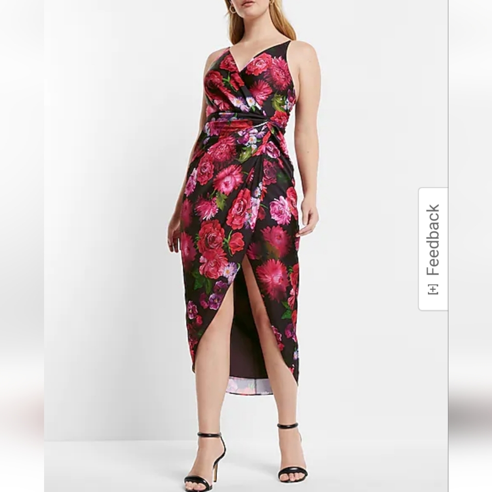 EXPRESS Floral Satin Twist Waist Hi-Lo Midi Dress
